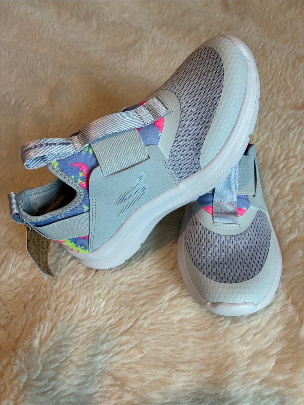 Skechers Kids Light Gray Slip-On Sneakers with Pink & Neon Accents